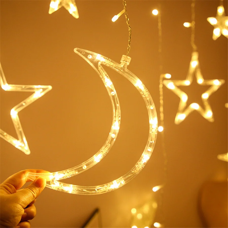 Criativo 3.5M LED Star Moon Curtain Lights 8 Modes Natal Garland Fairy Lights para Quarto Wedding Party Decoração de Ano Novo