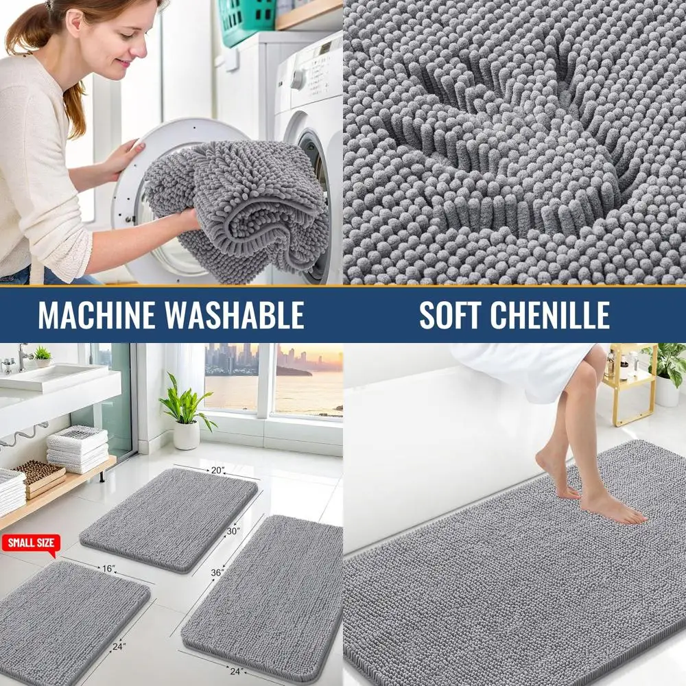

Мягкие лохматые синельные коврики для ванной 59x35, впитывающие, можно стирать в машине, нескользящая резиновая подложка для ванной комнаты, душа и ванны, серый H