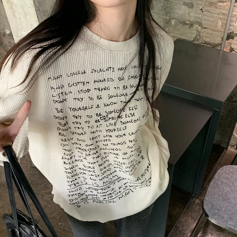 Korean Harajuku Grunge 00s Retro Casual Pullovers Tops y2k Aesthetic Letter Print T-shirt Autumn Spring Long Sleeve Tees Women