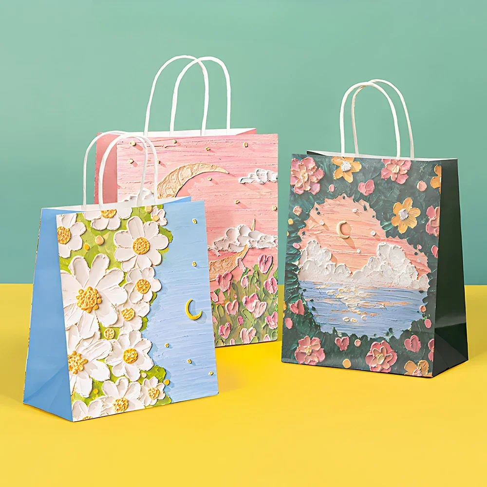 1-50PCS Gift Bag Creative Oil Painting Portable Gift Bag Holiday Gifts Kraft Paper Gift Bag New Year Gift Bag for Students