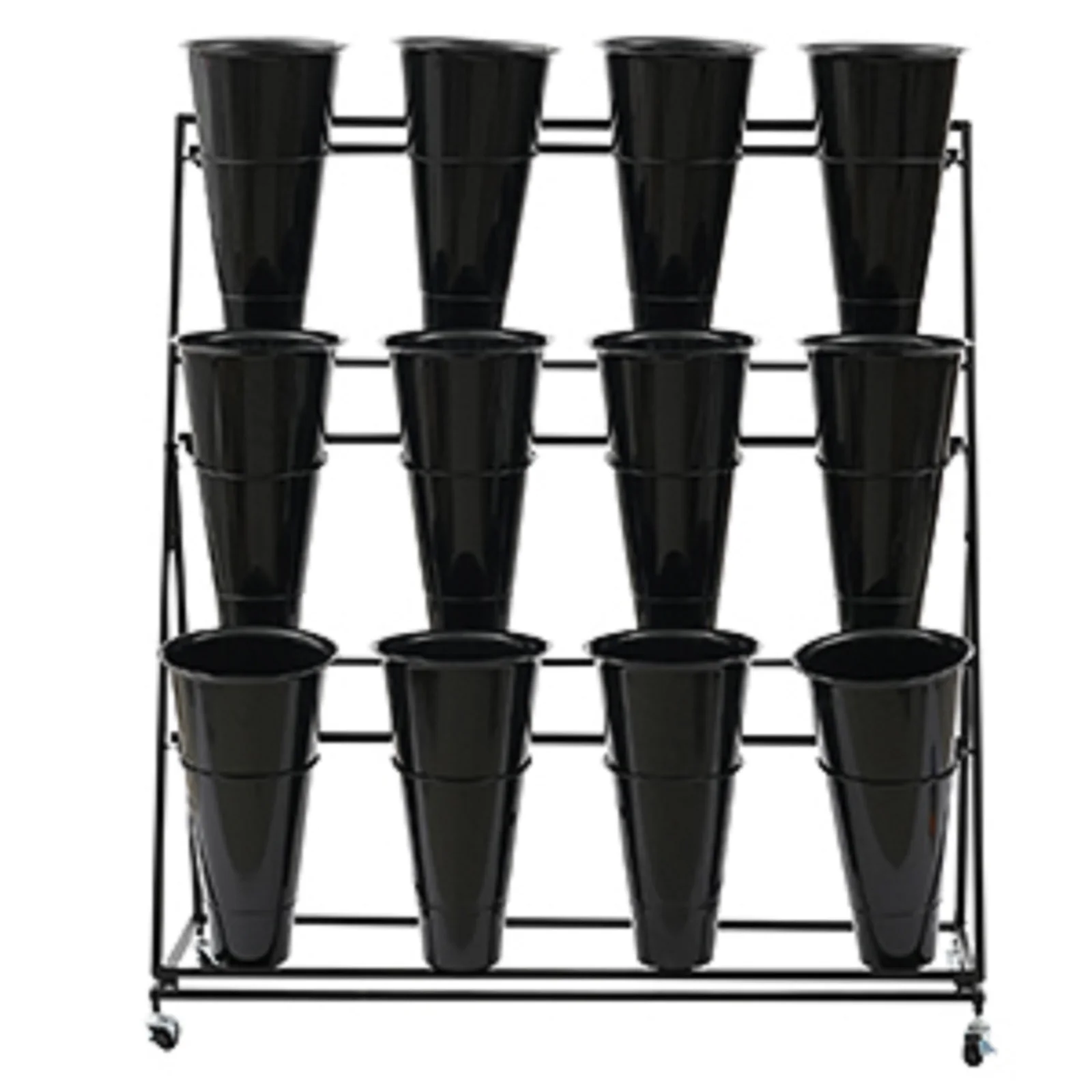 3 Layers Black Flower Display Stand Metal Plant Stand W/ Wheels & 12 x Buckets For Garden Decoration