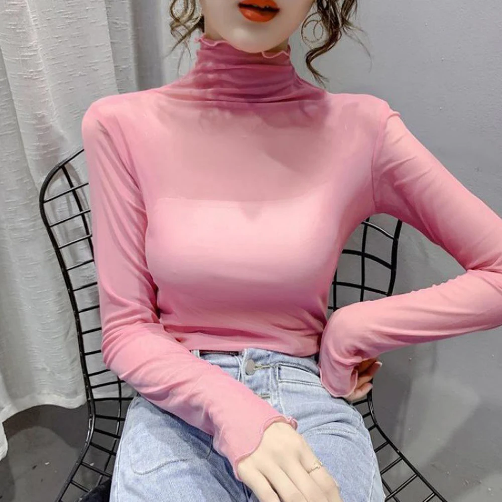 Women\'s Perspective Mesh T Shirt Blue Pink Purple Long-Sleeved Female Blouses Temperament Lace Women Turtleneck Elastic Top Lady