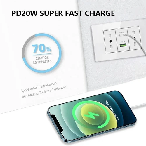Imagen 2 del producto Enchufe italiano Chile con USB Dual tipo C PD 3,0 20W carga rápida Panel de vidrio templado blanco interruptor de luz de pared toma de corriente de TV