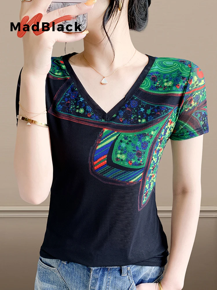 

MadBlack-Women's European T-Shirt, Sexy V Neck Geometry Print, Clubwear Short Sleeve Slim Mesh S-3XL Tee, 2025 Summer T57665CC