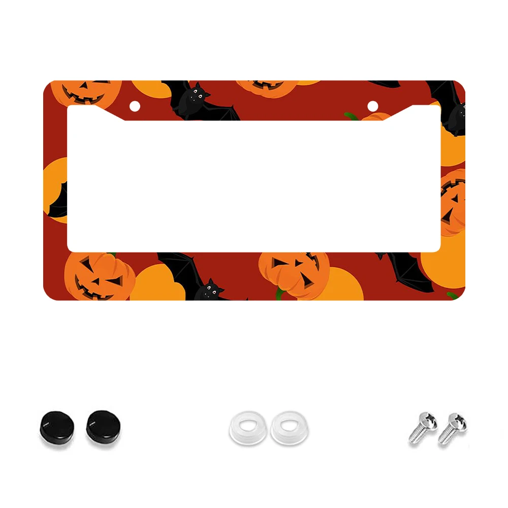 

1pc Orange and Black Pumpkin Bat Pattern 2 Hole License Plate Frame Aluminum Material 6x12 Inches with Screw Set Funny Car Deco