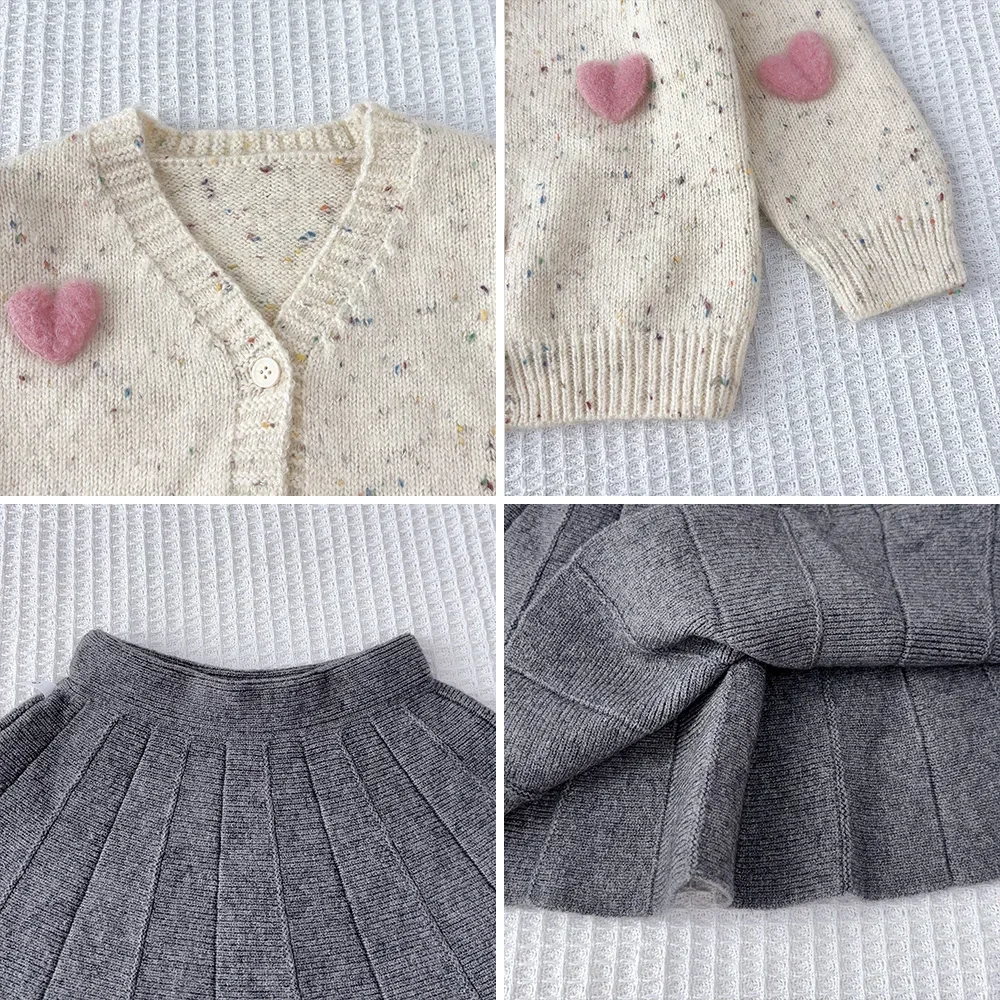 Winter Korean Version New Children\'s Sets Pink Heart Decoration V-neck Cardigan+Gray Short Skirt Suits Kids Clothes Girls