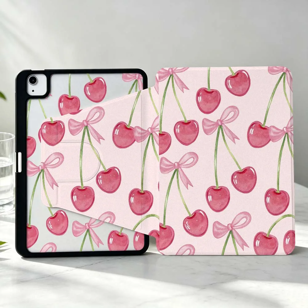 Cartoon Bow and Cherries For iPad Pro Air mini 6 5 4 12th M5 M4 M3 M2 A16 A17Pro 360° Rotation Stylus Storage Tablet Case