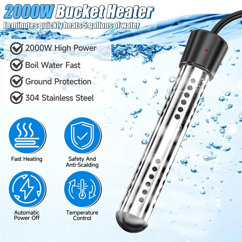 Calentador de agua de A05G-1500W, calentadores eléctricos portátiles de acero inoxidable 304, para cubos de bañera de piscina, autocaravana, Camping, enchufe estadounidense al aire libre