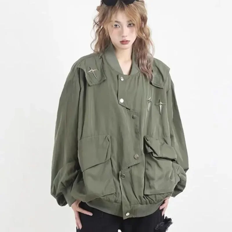 GIDYQ-Vestes rétro américaines pour femmes, Streetwear Y2k, Vêtements d'extérieur irréguliers, Harajuku Vintage, Poches, Uniforme de baseball décontracté