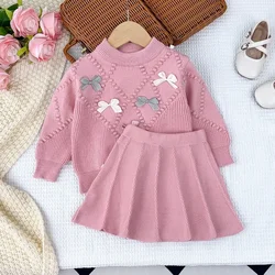 Kids Clothes Dark Print Bow Long Sleeved Round Neck Sweater+elastic Pleated Skirt Two-piece Sets Winter Thick Cute Girl Set