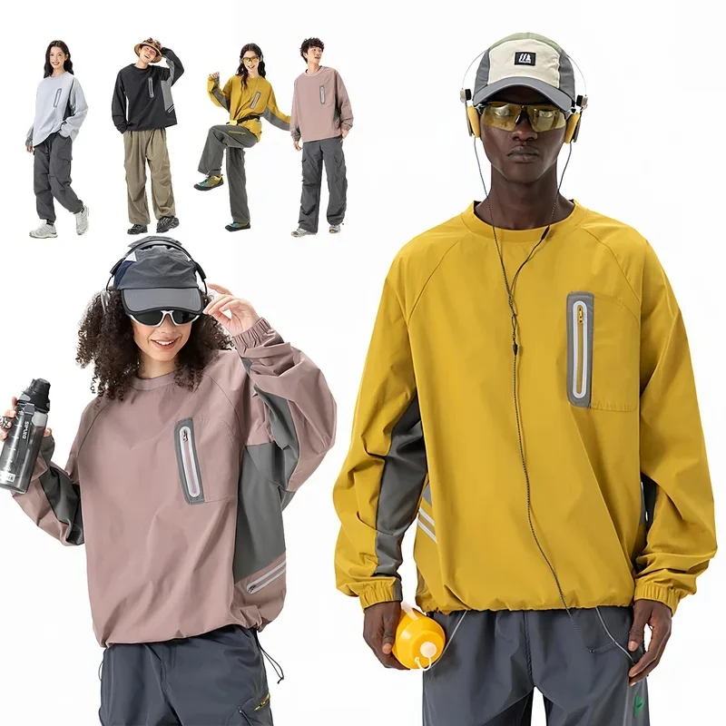 Men Women Outdoor Sport Splice Long Sleeve Loose Casual Fashion Waterproof Quick Dry T-shirt Couple Tshirt Techwear T Shirt Tops