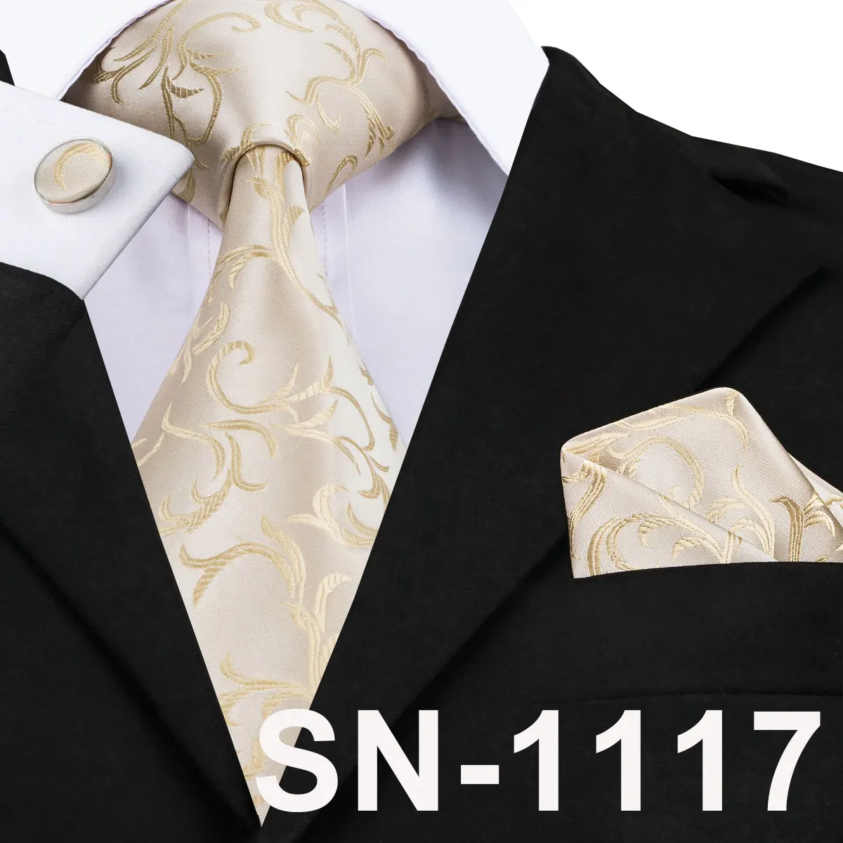 Men's Champagne Ivory White Solid Tie & Cufflinks Set, Wedding