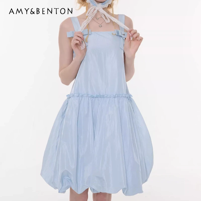 

American Design Bow Waist-cinching Pink Women's Sling Dress 2026 Spring Summer New Sweet Cute Y2k Age-reducing Dresses Ladies