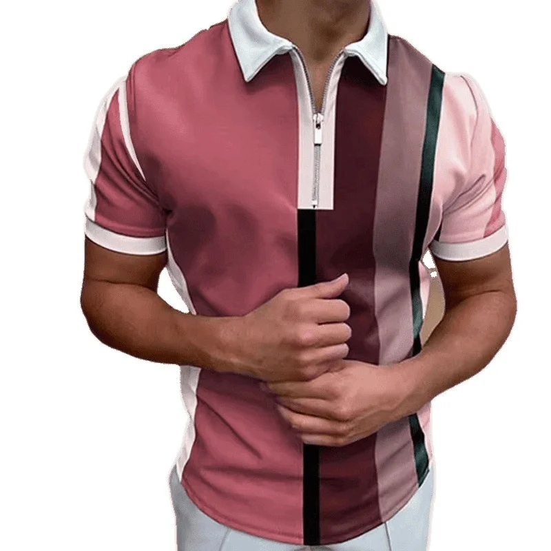 

Men's Fashion Geometric Lines and Cross Print Short Sleeve Zipper Turn down Collar Shirt for Summer Casual Wear