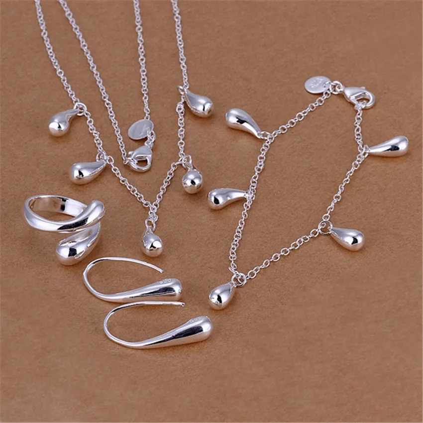 

Special offer 925 sterling silver Water drop Bracelet necklace earrings rings Jewelry set for women Fashion Party Gift