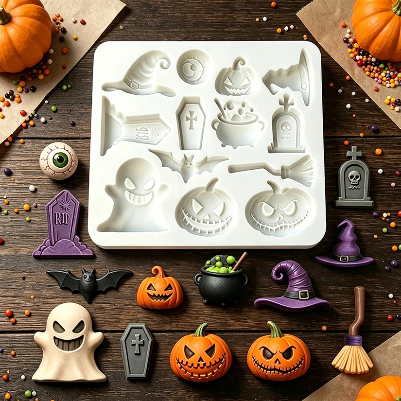 Halloween Pumpkin Ghost Bat Witch Hat Tombstone Silicone Mold for Sugarcraft Resin Cupcake Baking Fondant Cake Decorating Tools