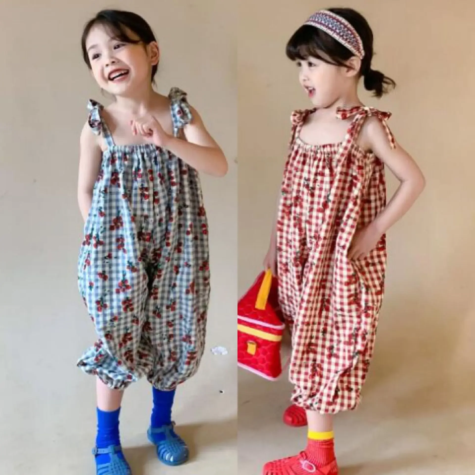 Summer Girls Flower Plaid Lace Suspenders Jumpsuit 2024 Spring New Baby Kids Trousers Bodysuit Casual Rompers Children\'S Clothes