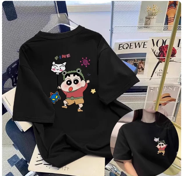 MINISO 만화 풍선 크레용 신짱 반팔 여성 남성 루즈 캐주얼 편안한 티셔츠 스타일리시 탑 인기 티셔츠