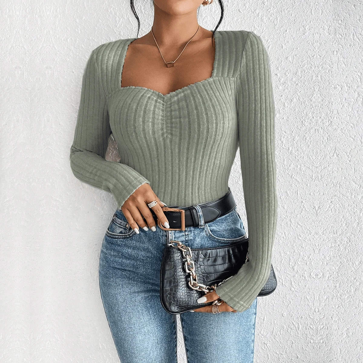 

Women's Trendy Diamond Collar Knitted Base Shirt Casual Long Sleeve Top Elegant Knitwear Fashion