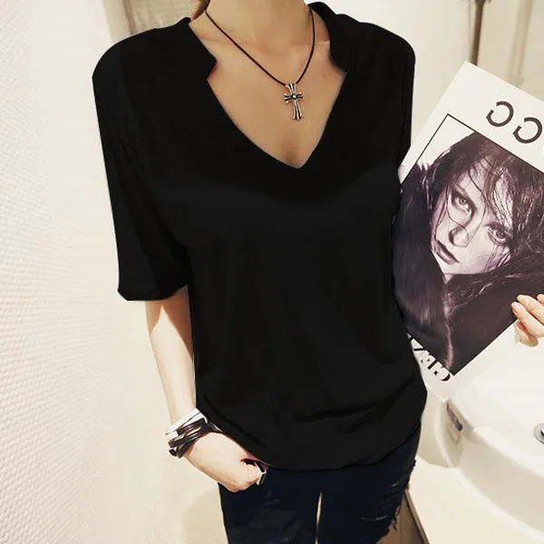 T-shirt allentata V-Ne ort Sve da donna estiva coreana Sle versatile dimagrante taglia grande f Sve Top colore puro