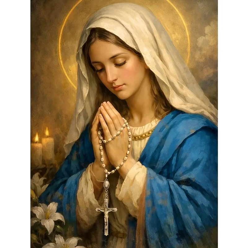 Diamond Painting Praying Virgin Portrait Sacred Lady with Rosary, Candles Mosaic Handmade Artwork Exquisite Gift Home Decor
