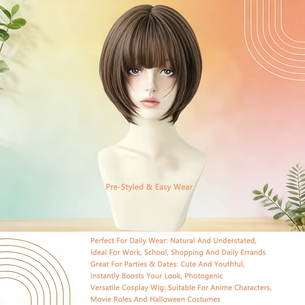 

Cool Brown Bob Wig With Straight Bangs Short Inward Layered For Women Heat Resistant Synthetic Natural Looking Daily Full Wig