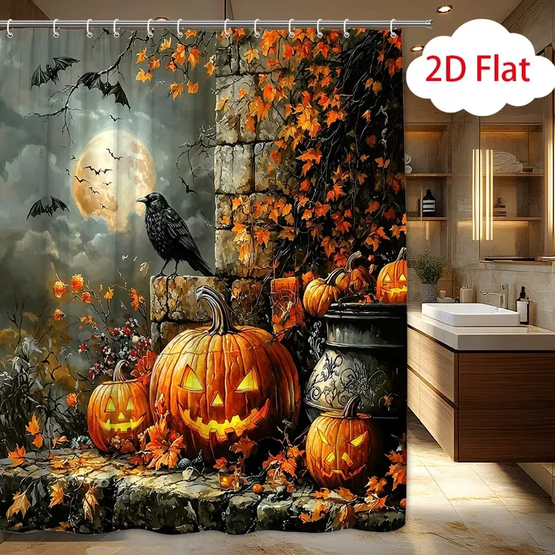1pc Halloween Shower Curtain Ghost Pumpkin Print, Quick-dry Durable Waterproof Bath Curtain with 12 Hooks for Halloween Decor
