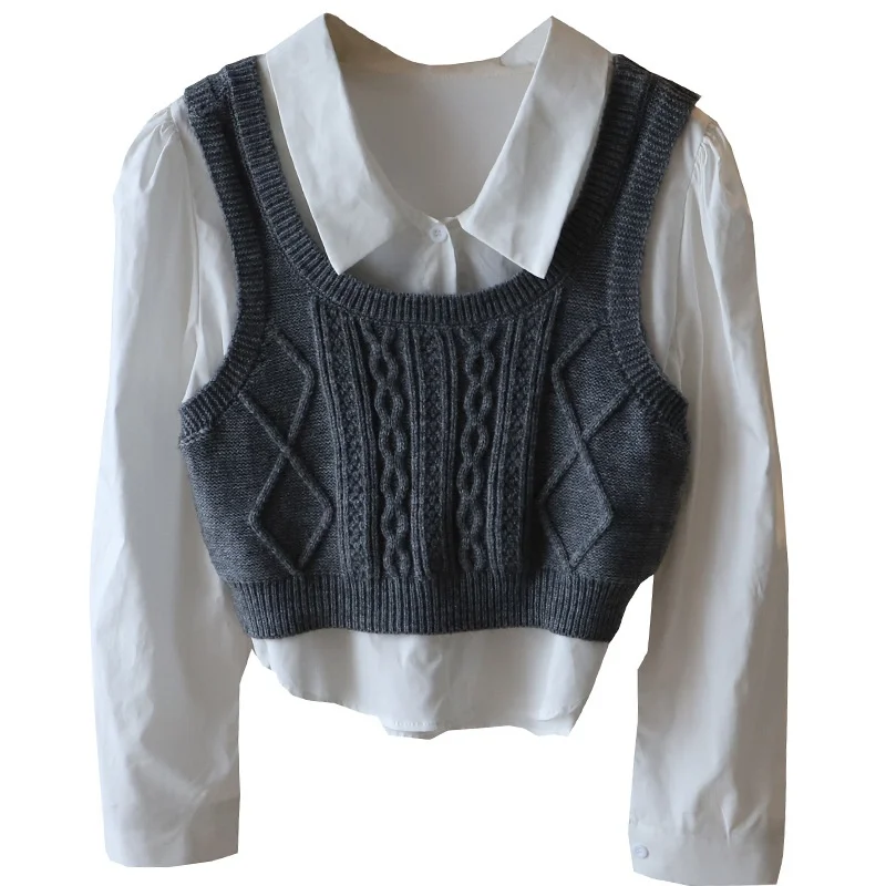 College Sle Long Sve Bubble irt Gilet lavorato a maglia Set due pezzi Autunno Nuova versione coreana Ele Top a strati irt