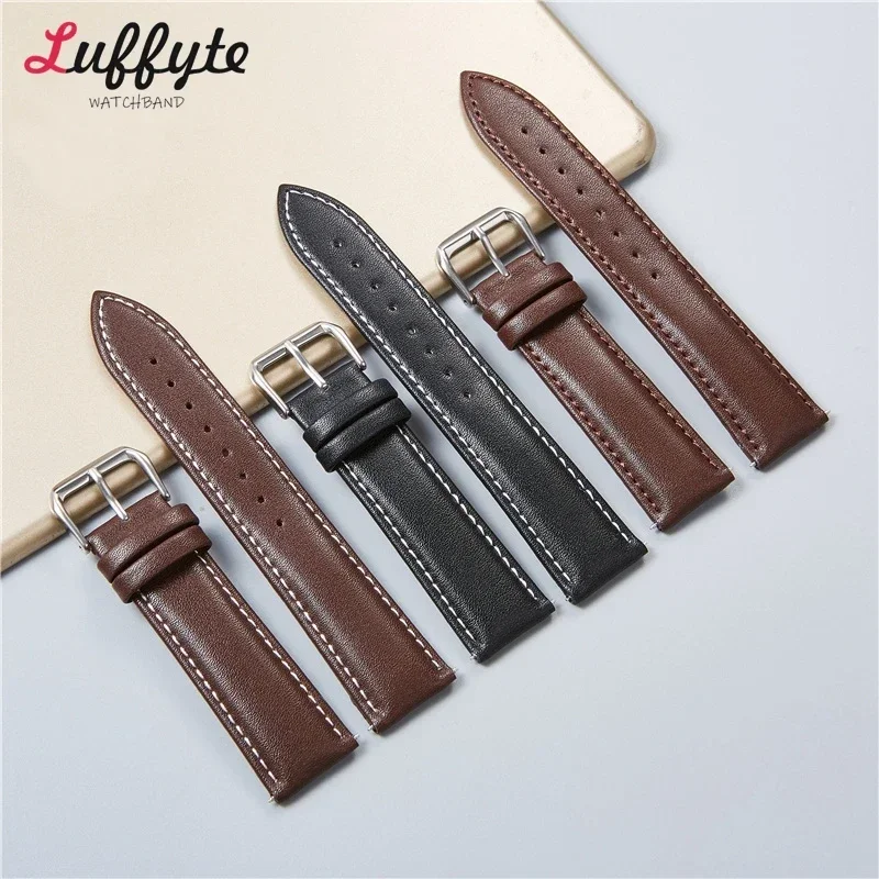 Calfskin Leather Watchband Soft Watch Band Wrist Strap 18mm 20mm 22mm 24mm with Silver Stainless Steel Buckle