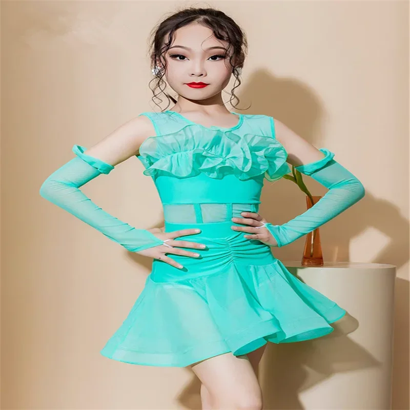 

Latin dance costumes for spring and summer girls, children's training costumes, performance costumes, new 2024 lace large skirt