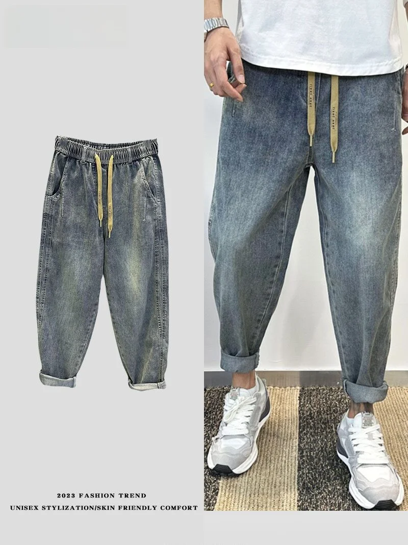 

Spring Summer Men's Loose Harajuku Jeans Loose Waist Carrot Leg Wide Leg Nine Points Small Foot Trendy Jeans Casual Youth