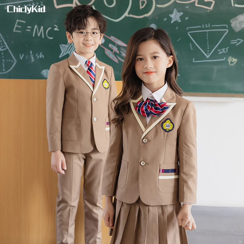 Boys School Uniform Girls Jacket Khaki Skirt Shirt Tie Suits Kids Formal Dress Tuxedo Toddler Clothes Sets Child Student Outfits