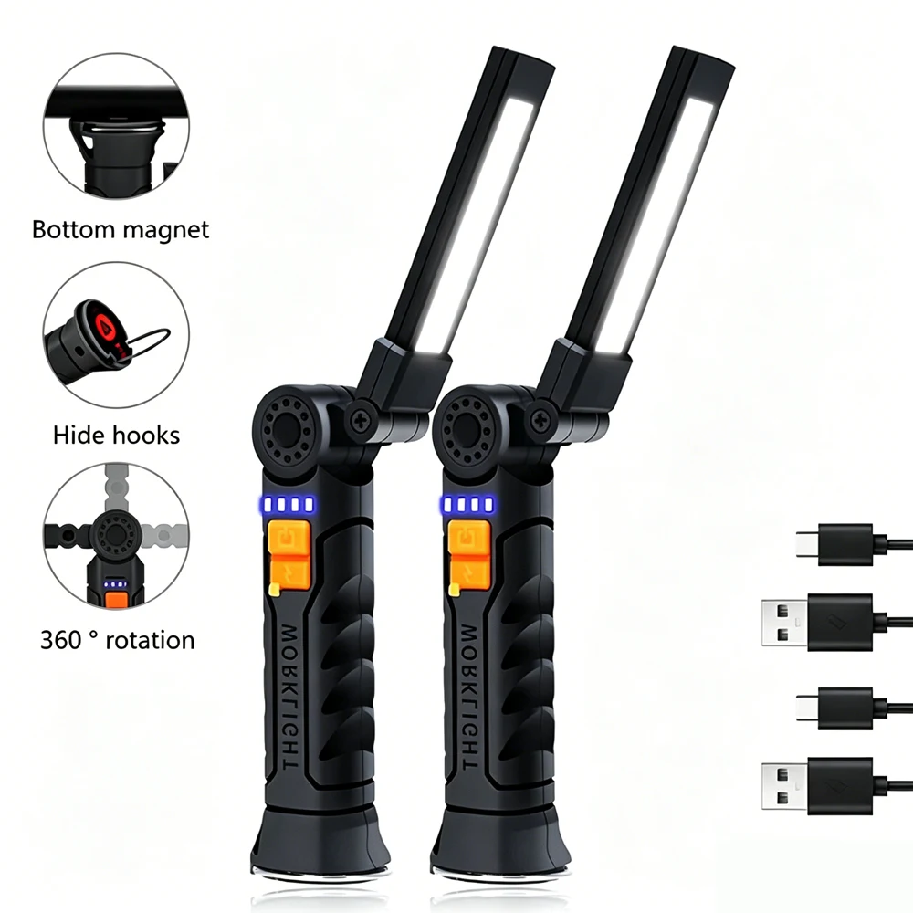 USB Rechargeable Portable COB LED Flashlight with Magnetic Base Hanging Lamp Built-in Battery Camping Work Light Torch