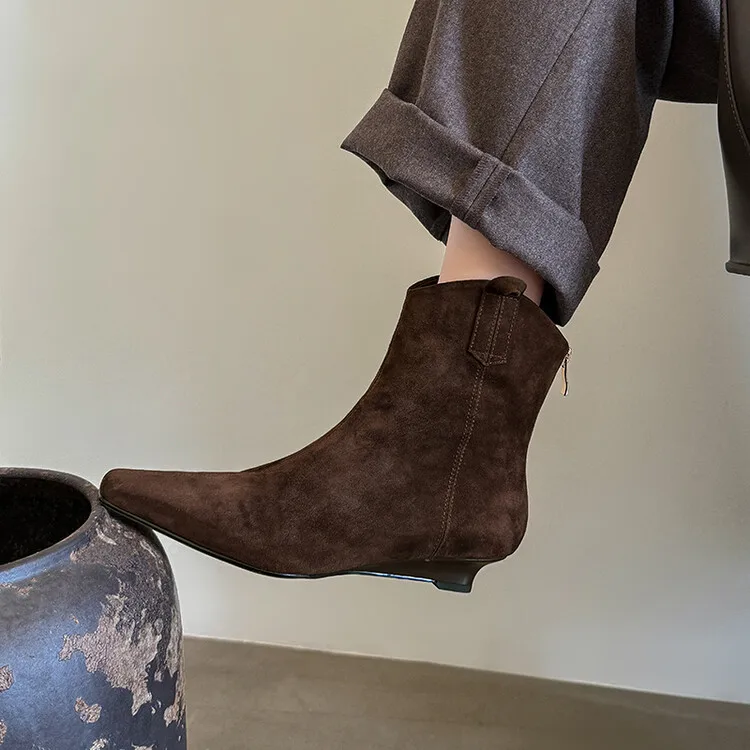 Vintage Brown Suede Short Boots Square Toe Casual Western Botas Slip On Black Autumn Riding Botines Femme Size41 Chaussure Mujer