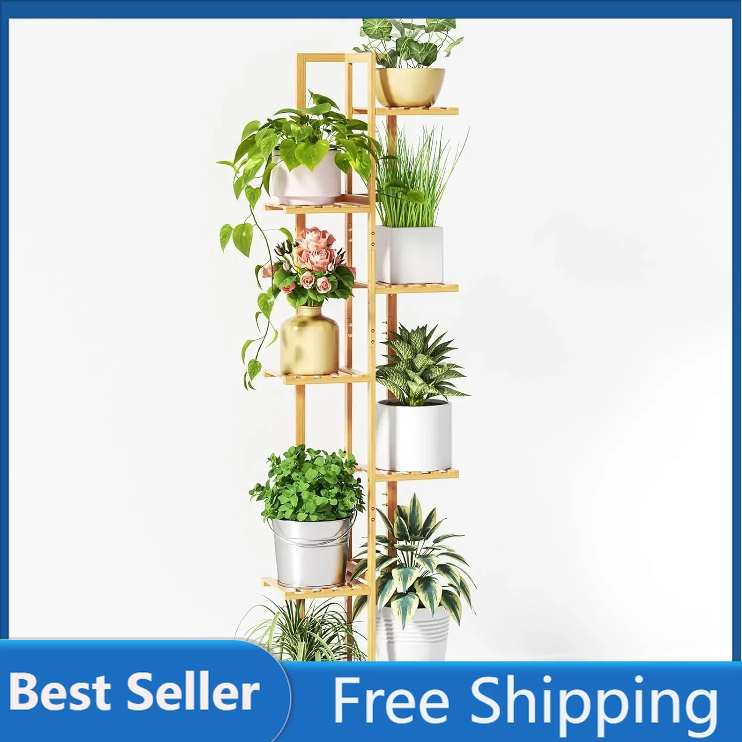 ROSSNY Plant Stand Indoor, 7 Tier 8 Potted Bamboo Plant Stands for Indoor Plants, Corner Plant Stand,Plant Shelf For Indoor