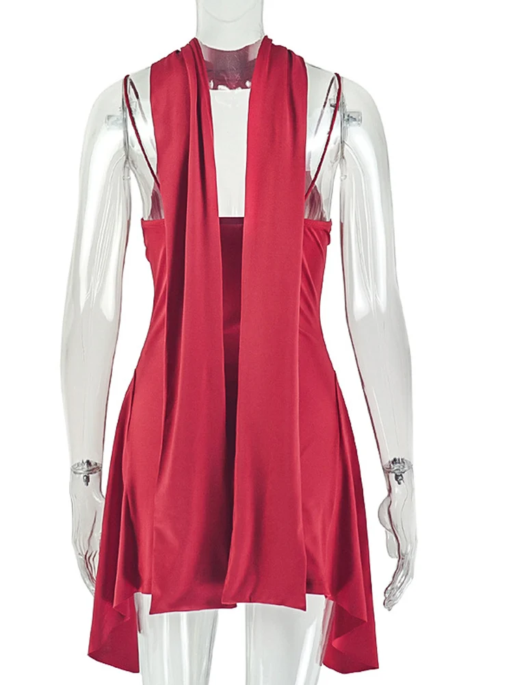 ชุดมินิเดรสสีแดงแบบผูกคอเว้าลึกทรงเข้ารูปสำหรับผู้หญิง แบรนด์ Beyprern ดีไซน์แขนกุด แต่งระบายแบบไม่สมมาตร เหมาะสำหรับงานปาร์ตี้