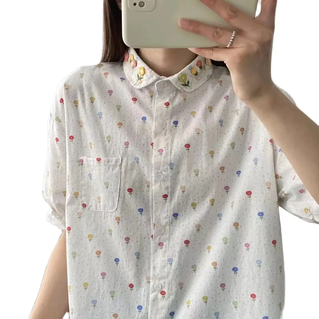 New Spring Cotton Loose Sweet Shirt Women Floral Printed Short Sleeve Top Girl Retro Casual Loose Blouses 2024 Summer T44508QM