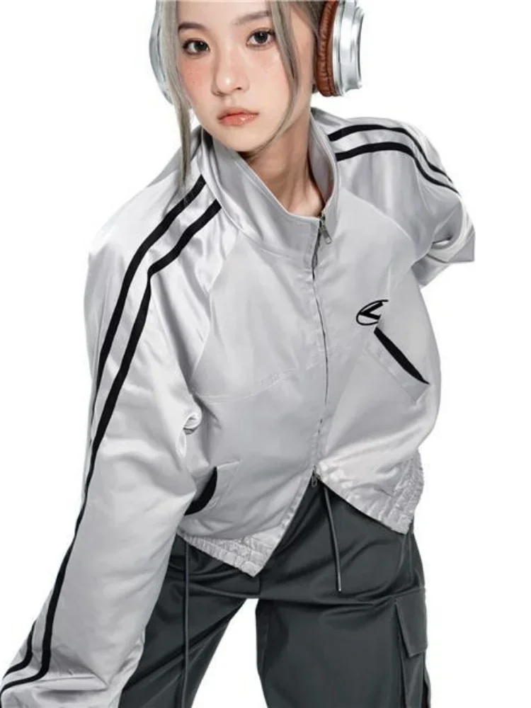 Y2k Sexy Girls Jackets Streetwear Aesthetic All Match Double Zipper Korean Fashion Tops Vintage Patchwork Coats Women Harajuku