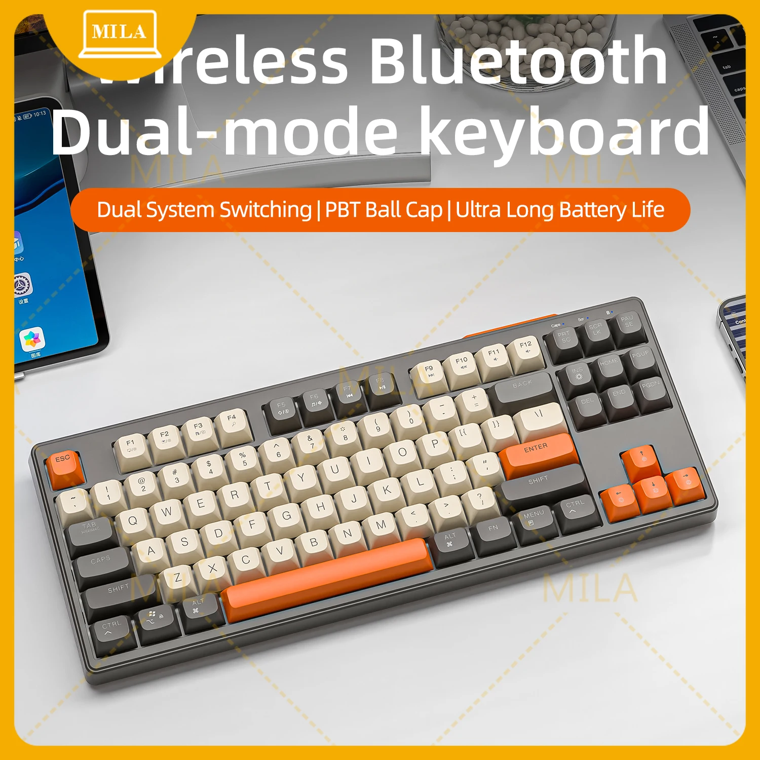 For M87 Wireless Keyboard,87keys Dual Mode Bluetooth Keyboard with Rainbow-light RGB,PBT Ballcaps for Silent Office Gaming