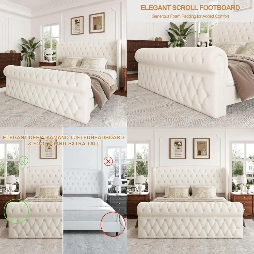 

King Size Platform Bed Frame with Chenille Upholstered Sleigh Bed, Scroll Wingback Headboard and Footboard, 52" High Headboard