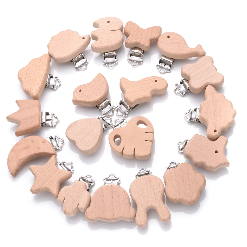 1Pcs Cute Animal Style Wood Natural Pacifier Chain Anti-Drop Beech Wood Dummy Clip DIY Essential Nipple Chain Accessories