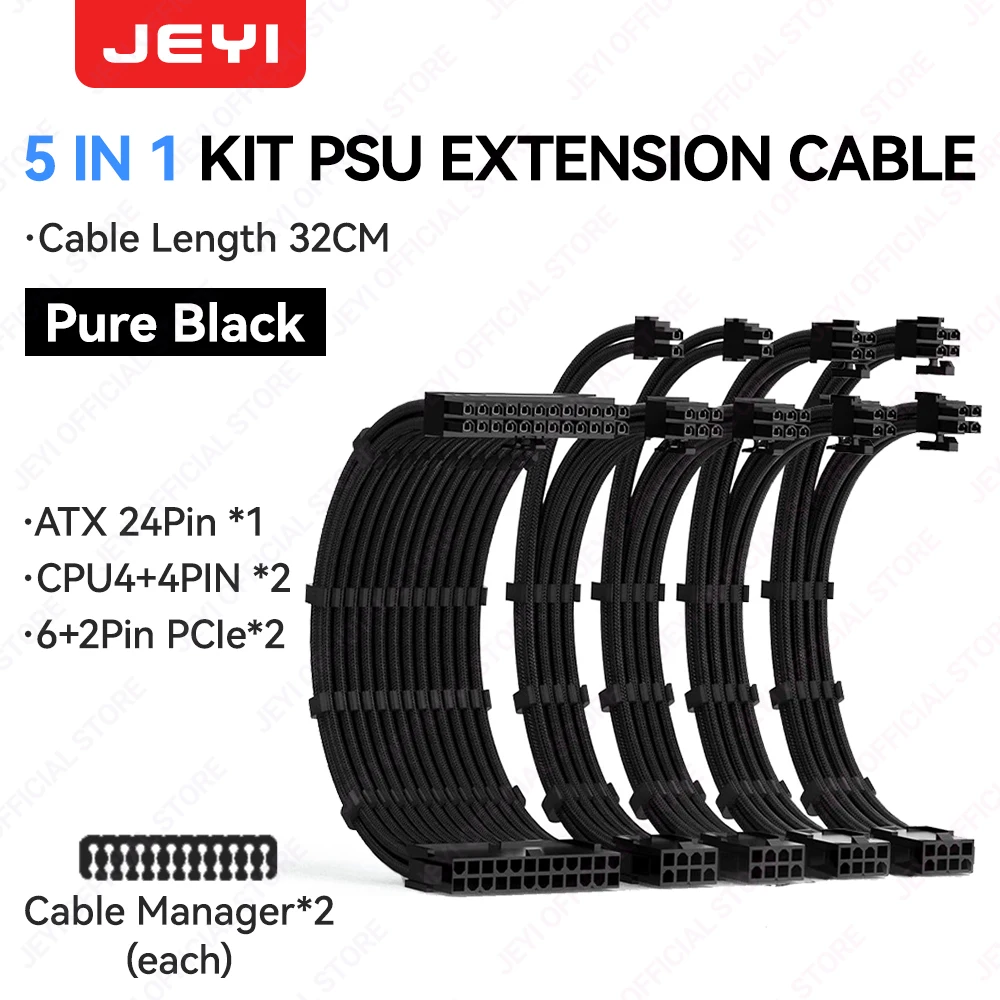 JEYI PSU Verlengkabel Kit-24Pin ATX + 8Pin EPS + 6+2Pin PCIe, 18AWG Mouwen met Kammen, Fit Universele Case Compatibiliteit