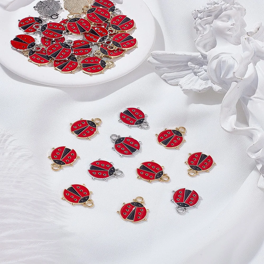 

32Pcs 2 Colors Alloy Enamel Pendants Ladybug Charms Platinum Golden 19x16x1.5mm Hole: 2.5mm 16pcs/color