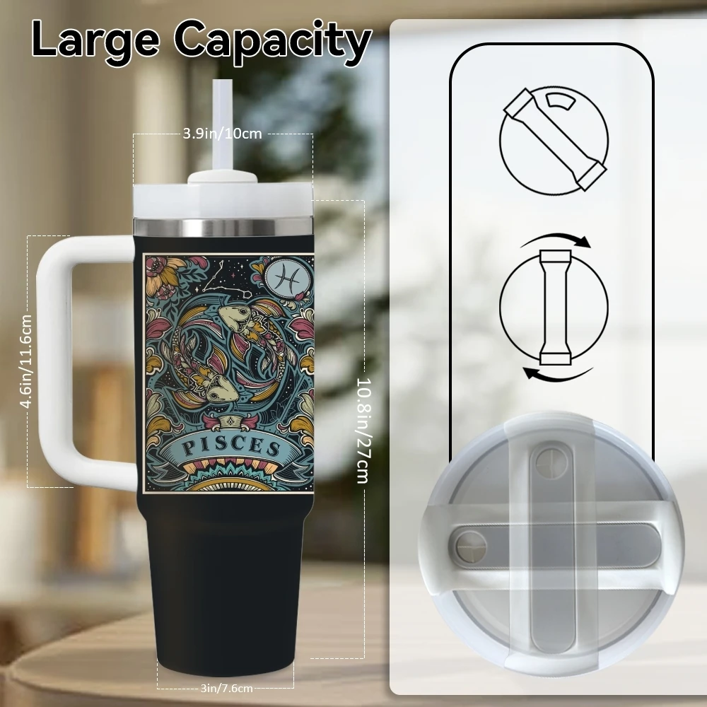 Twelve Constellations Vacuum Flasks 40oz Stainless Steel Insulated Tumbler With Handle & Straw Leakproof Travel Mug