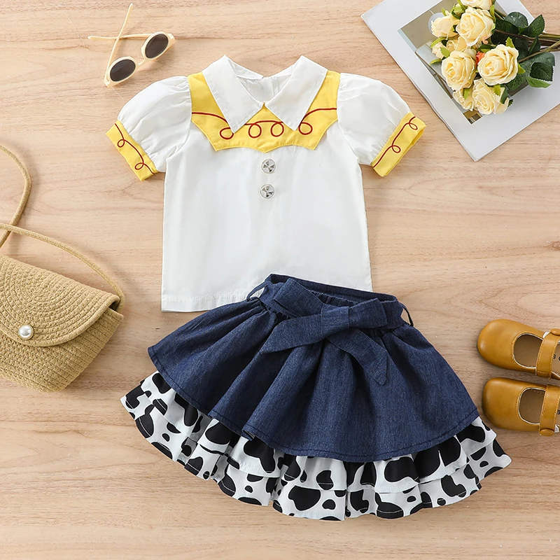 

Little Girl Clothes Skirt Sets Short Puff Sleeve Lapel Tops with Cow Pattern Patchwork A-Line Skirt with Belt 2 Pcs Set