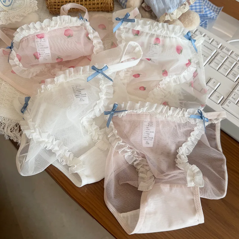 4PC/Lot Lovely Middle-Waist Briefs Young Girl Underwear Solid Pink Lace Student Panties Children's Teenagers M-XL