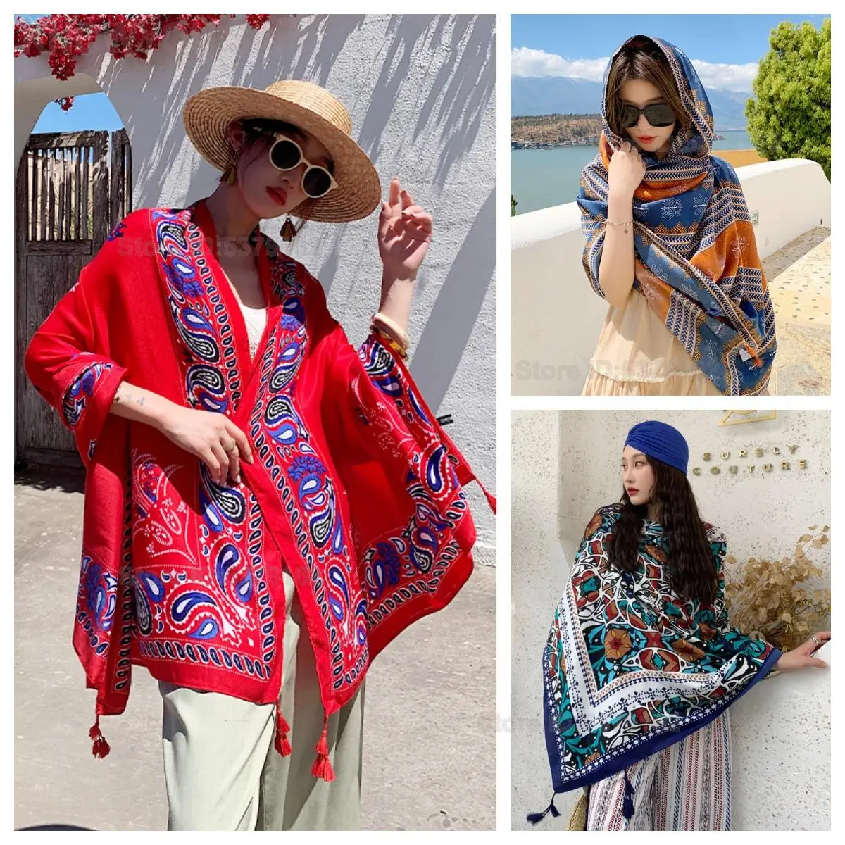 Women's Large Ethnic Scarf Dual-Purpose Shawl Summer Sun Protection Beach Scarf Oversized Gauze Scarf Desert Travel Outdoor