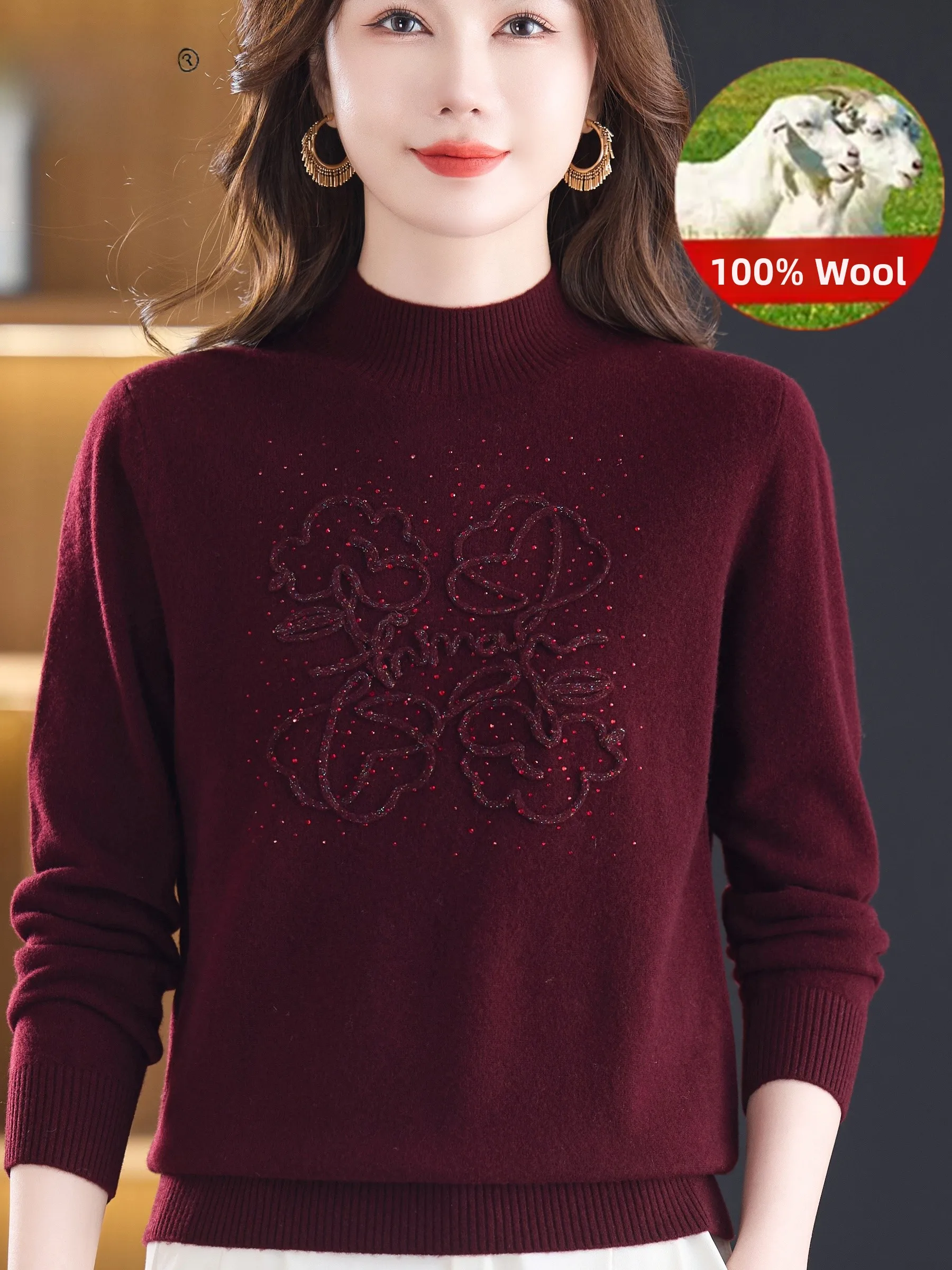 

Autumn Winter New Sle 00 Pure Wool Sweater f High Collar Rhinestone Women's Midlife Mommy Clothes Loose Faionable Bas...