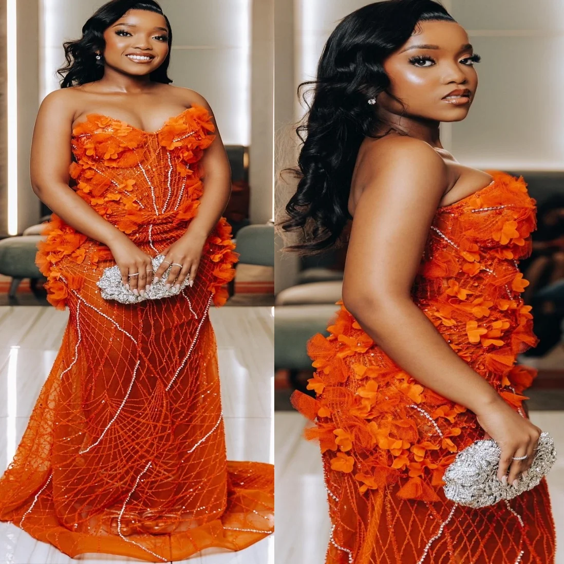 

Customized 2025 Orange Mermaid Prom Dresses Flowers Crystals Sequined Evening Formal Party Birthday Gowns Dresses ZJ189