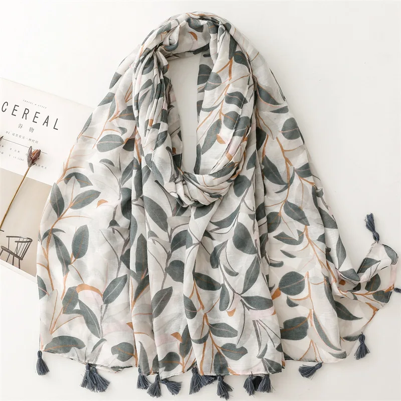 European and American Exports French Cotton and Linen Hand Felt Scarves, Small Fresh Blue Gray Leaf Floral Fringe Scarves, Warm